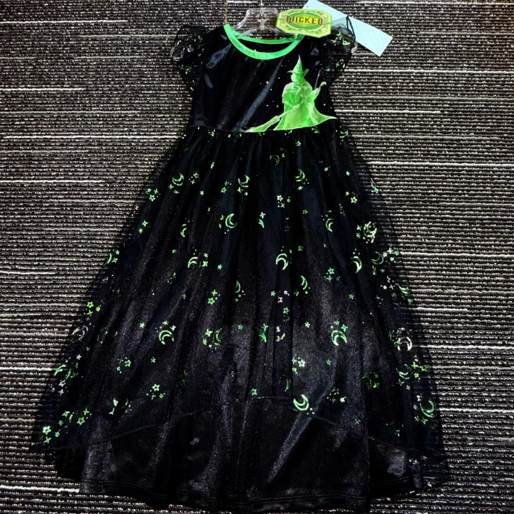 Wicked Elphaba Nightgown Kids Size 4 Black Green NEW Moon Star Mesh Sleep Dress